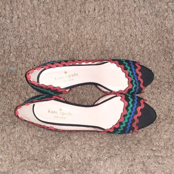 KATE SPADE-Saranne-d'Orsay Peep Toe-Black w/Red Green Blue Rick Rack-Sz 5.5-NM - Picture 6 of 7